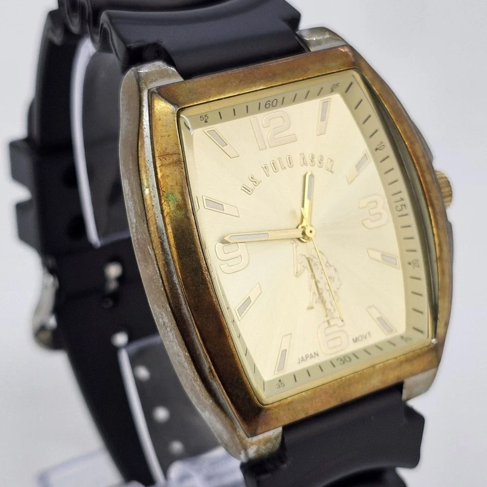 US Polo Assn Men's Watch 42mm Gold Dial Case New Black Platic Bands New‎ Battery